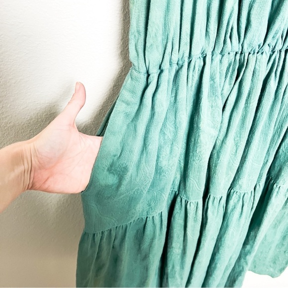 Vintage 70s Christian Joss green puff sleeve boho tapestry floral pocket dress - Picture 2 of 8